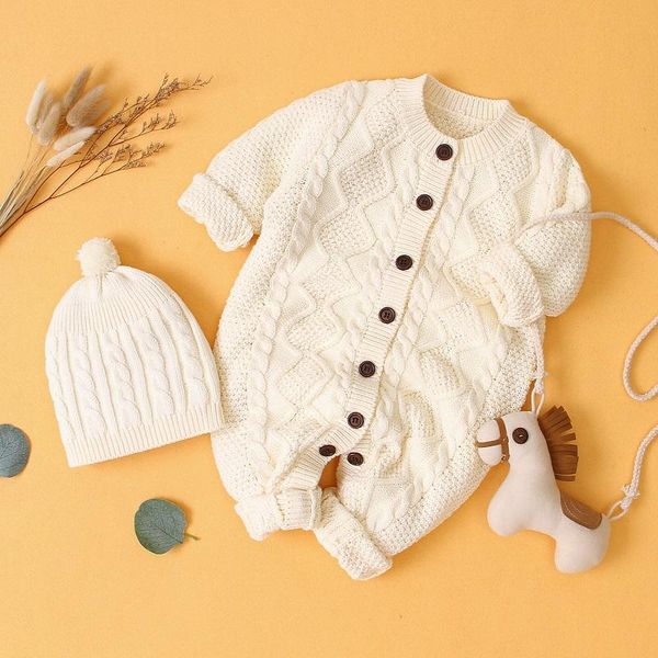 

jumpsuits 2021 spring and autumn baby button knitted jumpsuit boy clothes fur ball hat female born cotton romper 2-piece suit, Blue