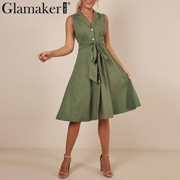 

glamaker elegant high waist belt short dress women bodycon sleeveless dress summer shirt collar button office club dress 210414, Black;gray