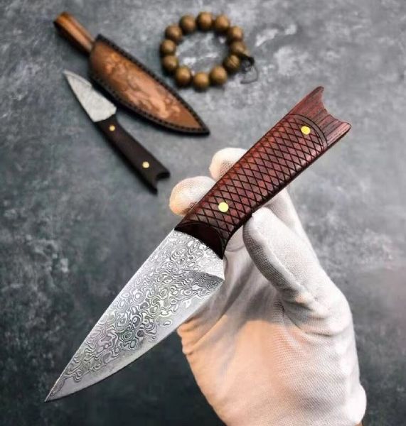 Koi Straight Lâmina Fixa Faca VG10 Damasco Lâmina Velha Rosewood Hand Tactical Caça Pesca EDC Sobrevivência Ferramenta Facas A3904