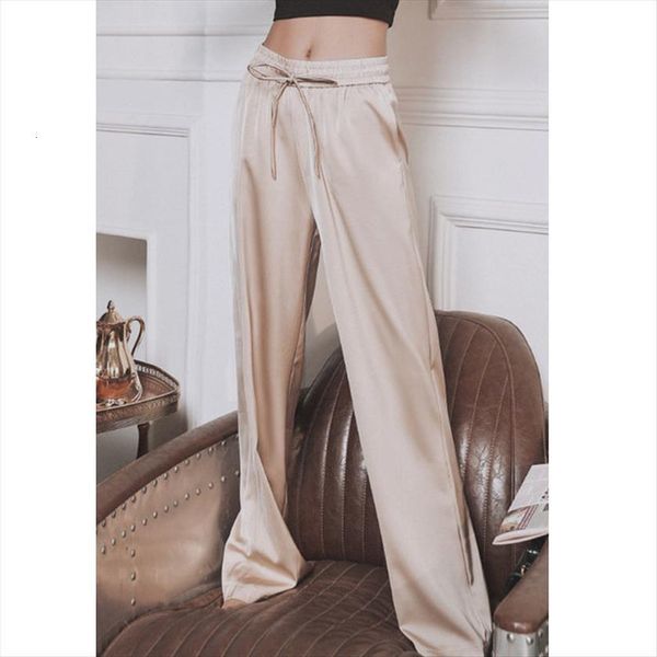 

summer korea wide leg fashion womens capri streetwear high waist casual satin loose trousers, Black;white