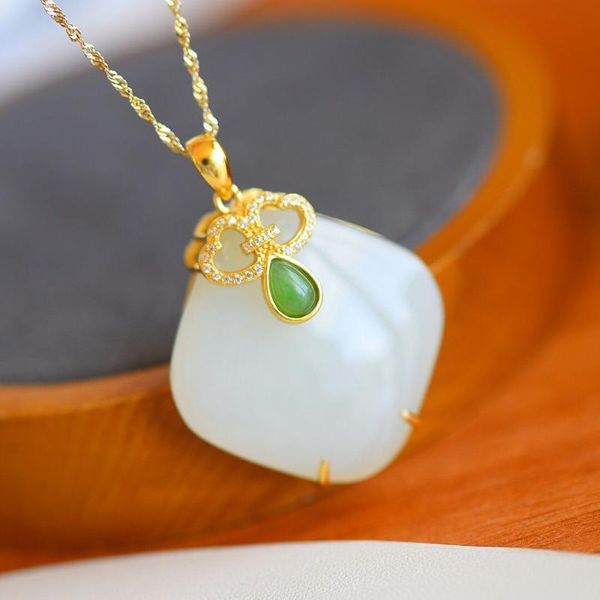 

chains silver natural hetian white jade geometric square pendant necklace chinese retro bohemian women's luxury jewelry