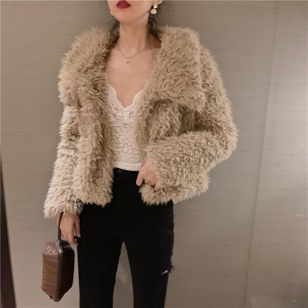 

women's jackets women autumn winter loose wild warm lambswool hair short plush coat turn down collar cardigan fleece parka velvet chaq, Black;brown