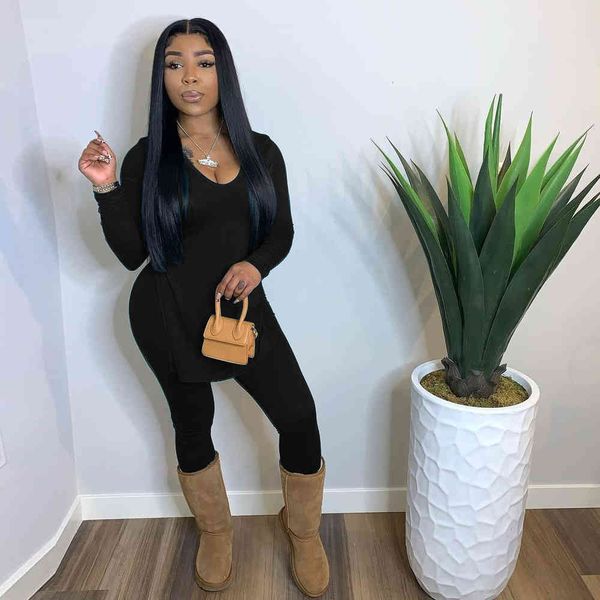 

women's blouses & shirts women two piece set outfit plus size v neck solid color long sleeve bodycon split + bag hip pant, White