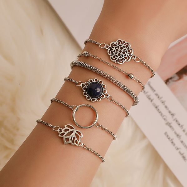 

fan fashion six piece set bracelet women bohemian national style hollow out lotus suit combination bracelet, Silver