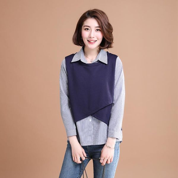 

autumn casual women shirts loose striped patchwork two piece blouse shirt red navy blue 1905 women's blouses &, White