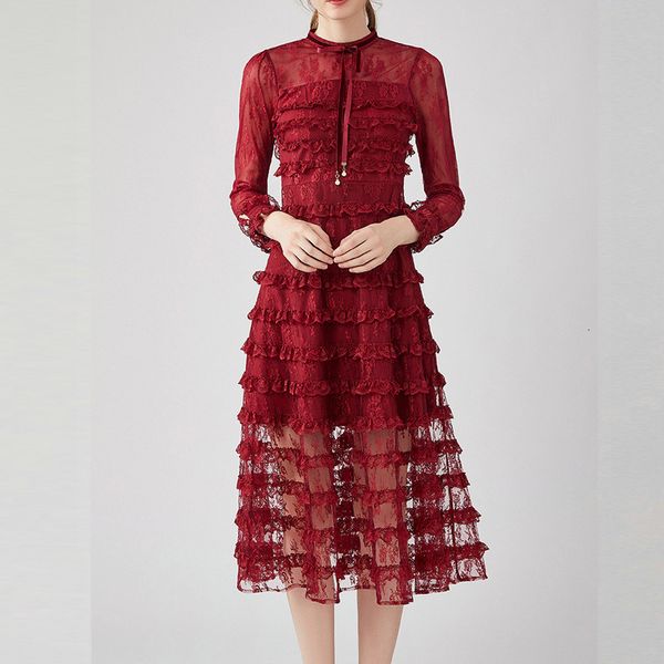 

red ladies autumn lace mesh runway women bow ruffles layered dress vestidos elegant sleeve party black long dresses, Black;gray