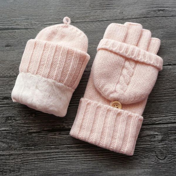 

fingerless gloves women female winter driving mitten knitted wool plus velvet thickening warm flip half finger, Blue;gray