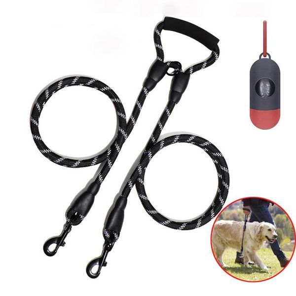 

dog collars & leashes reflective two large leash 1 for 2 dogs double big traction rope soft foam handle lead with poop bag dispenser