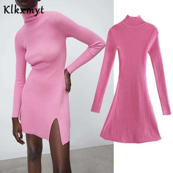 

klkxmyt za spring dress women fashion knitted mini dresses vintage long sleeve turtleneck split fork female vestidos 210527, Black;gray