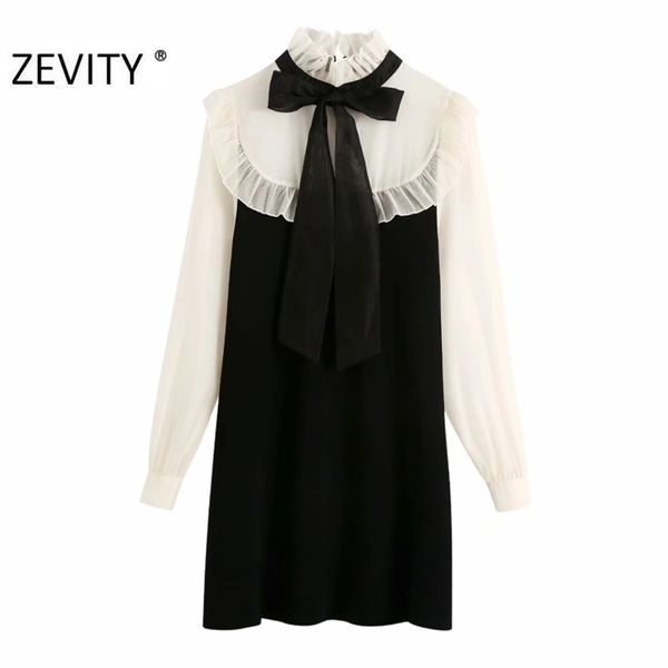 

women elegant bow tied chiffon patchwork knitting ruffles shirtdress office lady casual vestidos chic mini dresses ds4528 210420, Black;gray
