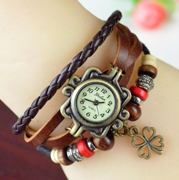 

fashion woman leaf lady watch colorful beads classic leather strap roma number dial weave quartz watches with four alloy clover pendant, Slivery;brown