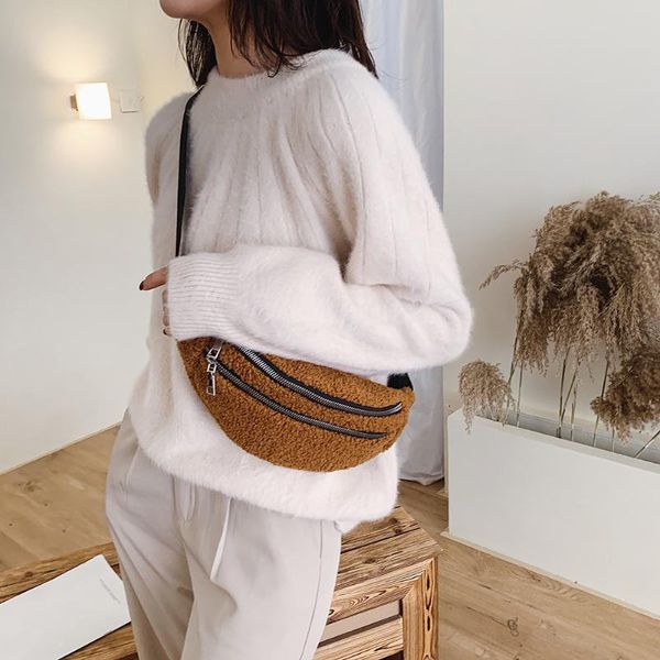 

plush soft fanny waist bags women winter phone pouch autumn zipper shoulder casual chest crossbody pack