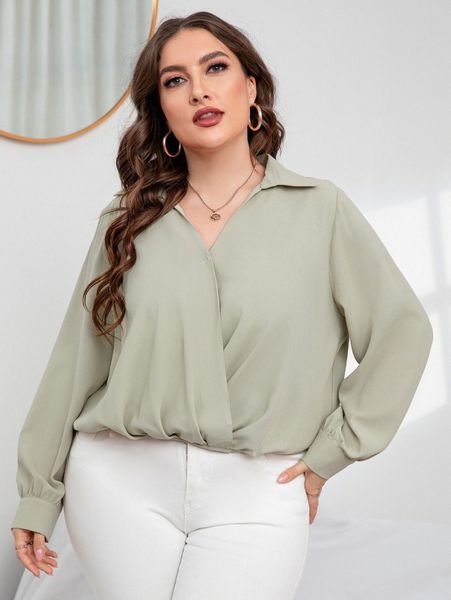 

plus solid wrap blouse k7qo#, Black
