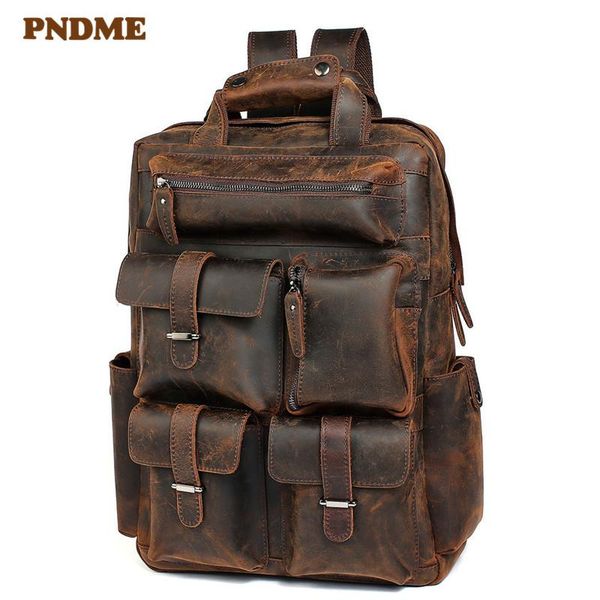 

backpack pndme retro men's large capacity multi-pocket natural genuine leather outdoor travel lapbagpack