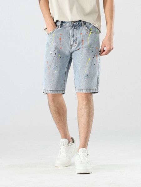 

men painting splash bermuda denim shorts 04k4#, Blue