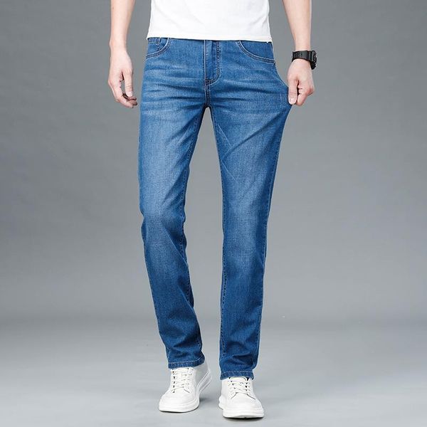 

men's jeans business high-rise stretch cotton spring and summer casual loose straight pants male brand denim trousers, Blue