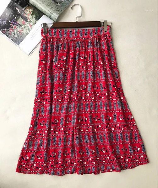 

autumn style pineapple cherry print viscose midi skirt skirts, Black