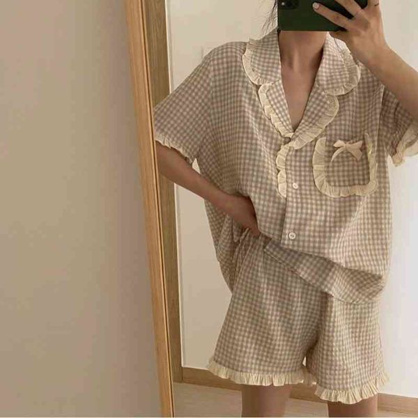 Koreanischen Stil Hause Anzug Pyjamas mit Shorts Rüschen Plaid Sommer Kleidung für Frauen Nette Unterwäsche Set Kawaii Pijamas Mujer 2021 x0526