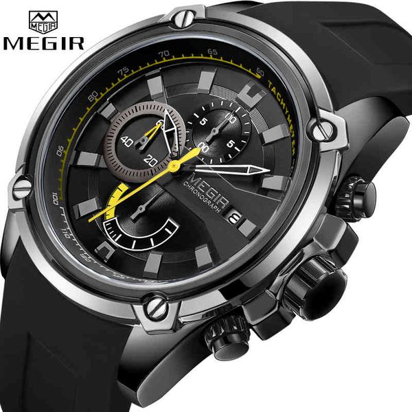 

megir fashion men watch brand luxury chronograph waterproof sport mens watches silicone automatic date military wristwatch, Silver
