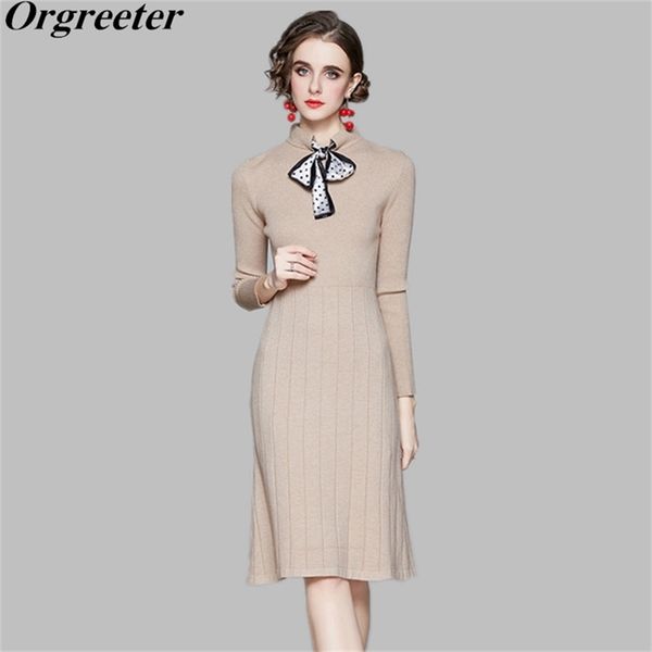 

elegant women knit sweater dresses ol work wear long sleeve bow collar solid robe femme basic casual vestidos clothing 210602, Black;gray