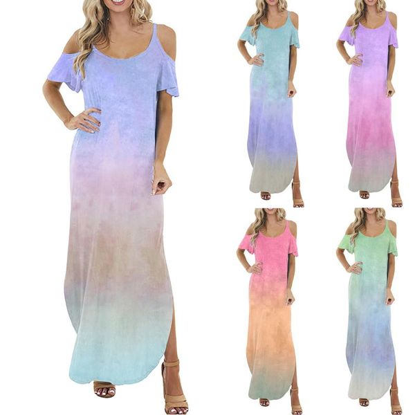 

party dresses gradient color temperament leakage shoulder women cold short sleeve u-neck printed straight floor-length dress robes, White;black