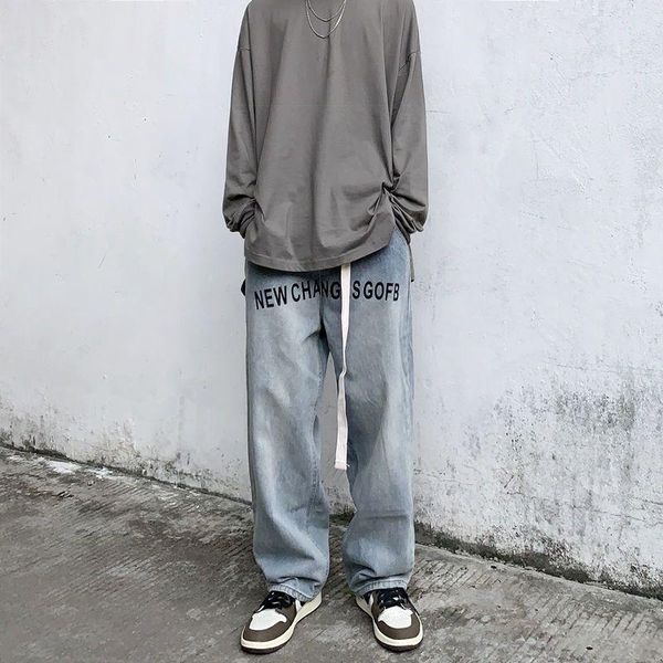 

men's jeans letter print men trousers 2021 summer korean fashion high street style hip-hop straight loose retro wide-leg, Blue