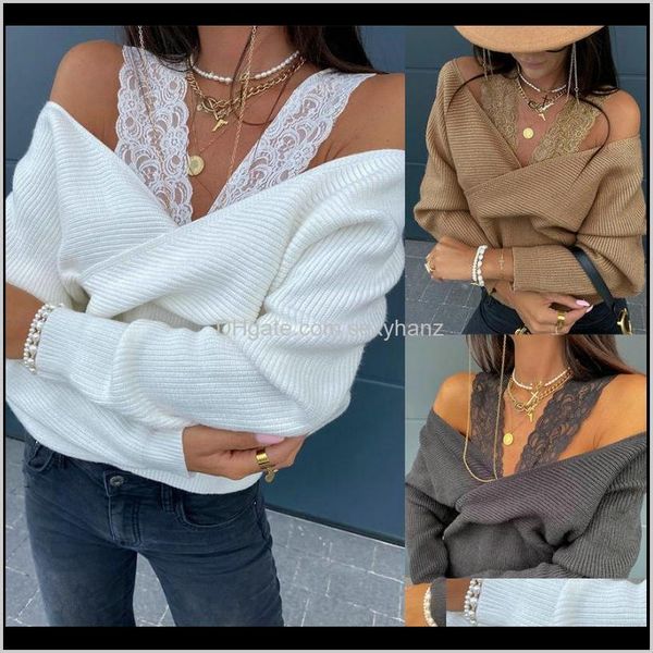 

t-shirt & tees womens clothing apparel drop delivery 2021 women cold shoulder lace patchwork knitted ladies long sleeve v neck slim club, White