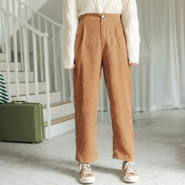 

women's pants & capris mferlier thin corduroy mori girl elastic waist chic high solid pockets khaki women winter, Black;white