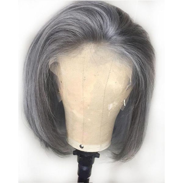 

synthetic wigs ash gray lace front wig short bob straight 14 inch grey for black women heat resistant middle part with baby hair