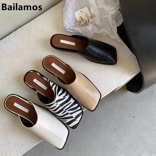 

bailamos women low heels square toe slides outdoor slippers spring casual flat shoes fashion zebra pattern mule, Black