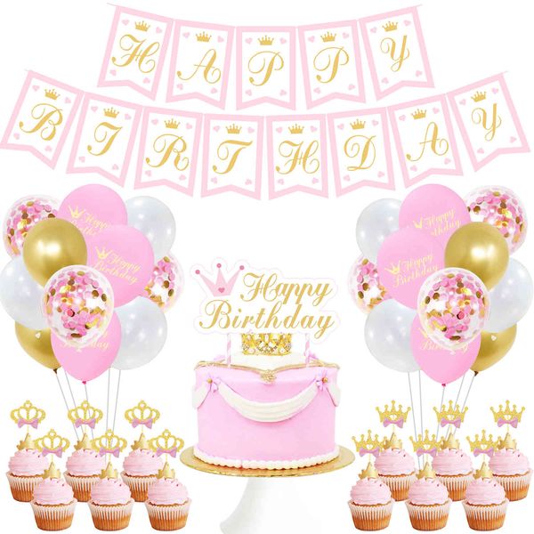 Prinzessin Geburtstag Dekoration Thema Mädchen Geburtstag Party Dekor Banner mit rosa Luftballons Anzug Königin Krone Kuchen Topper 210408