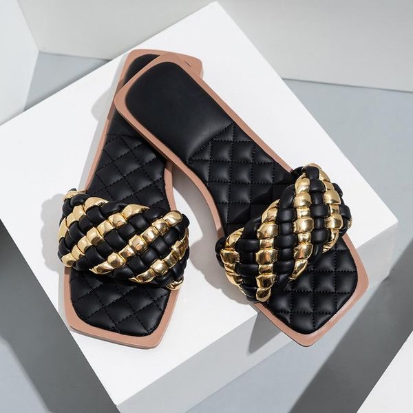 

design woven slippers women flats slip on square toe casual ladies shoes slides outdoor summer female flip flops fashion, Black