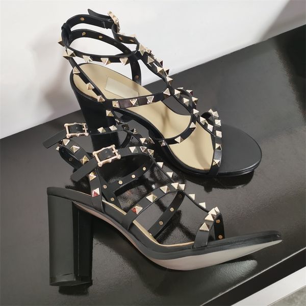 

Women Rockstud Sandal Ankle Strap Pump Rivets High Heels Designer Shoes Sexy Calfskin Leather Shoes Party High Heel 9.5cm with box, Black