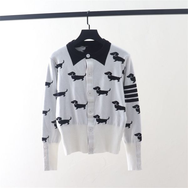 

2021 autumn winter new cute dog jacquard tb college style knitted cardigan round neck long sleeve coat1, Black