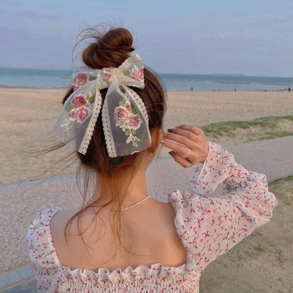 

hair accessories ins fashion elegant women clips white rose floral lace bowknot printing streamer hairpin band girls, Slivery;white