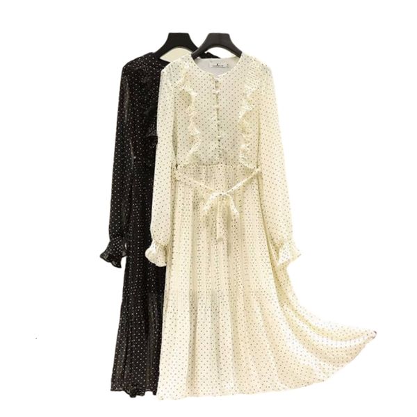 

women's t-shirt elegant women chiffon polka dot dress 2021 fashion ladies o-neck ruffles streetwear female chic button sashes es 1, White