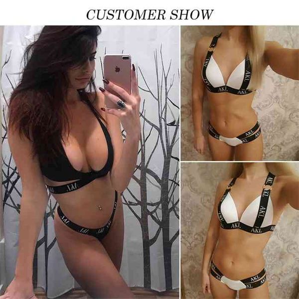 

in-x push up bikini set letter print swimsuit female bandage black swimwear women biquini swimming bathing suit bather, White;black