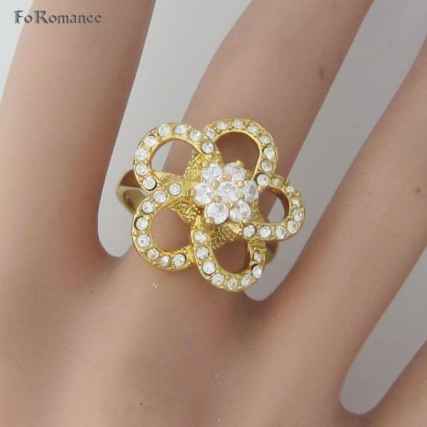 

cluster rings foromance / yellow gold overlay filled with brass gp vivid flower high shinning cz stone ring hollow excellent size 7 8, Golden;silver