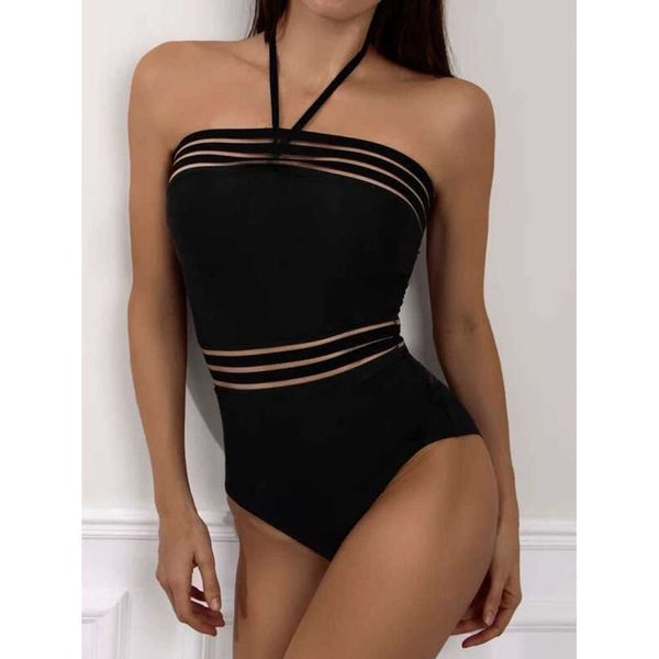 Swimsuit do vintage malha swimwear verão feminino verão banhos de banho preto strapless beachwear natação ternos para mulheres 210604