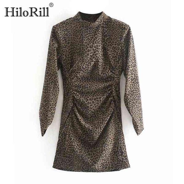 

women leopard mini dress retro stand neck a line pleated long sleeve chic autumn spring vestido de mujer 210508, Black;gray