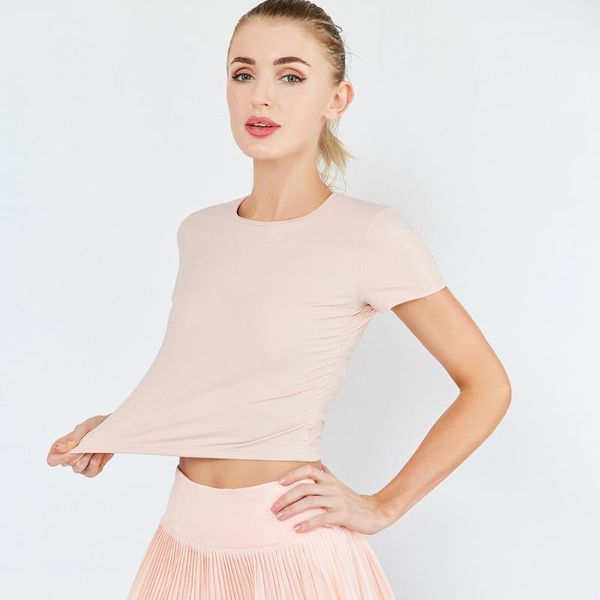 

yoga outfit double-sided brocade pleated sports fitness t-shirt women's skin-friendly nude quick-drying breathable short sleeves