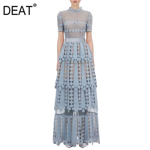 

[deat] summer fashion lace round neck high waist ankle-length hook flower hollow short sleeve dress women 13c465 210527, Black;gray