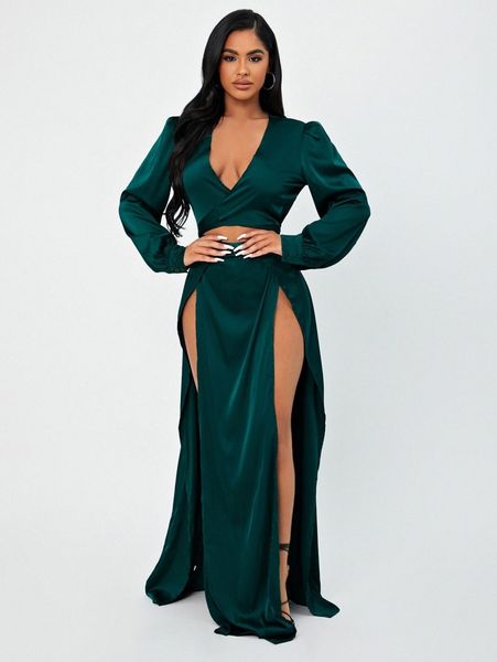 

sxy plunging neck cut out bishop sleeve slit thigh satin dress y3ix#, Black;gray
