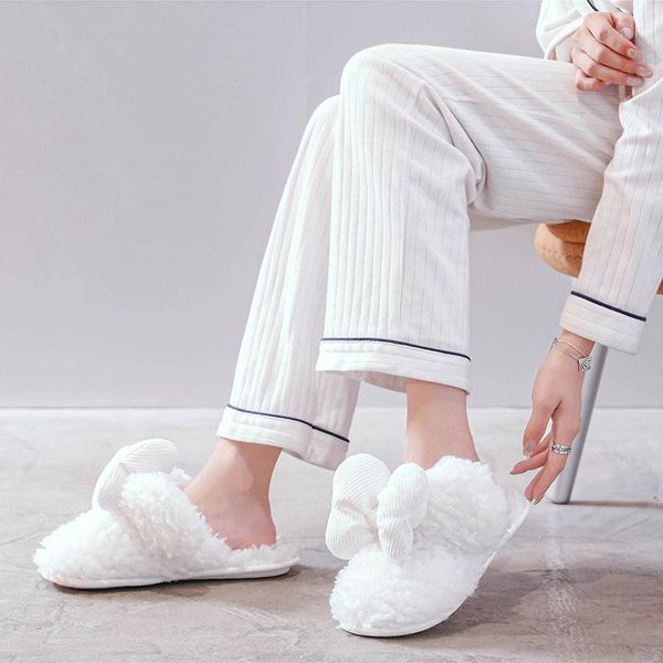 

suihyung winter women shoes furry indoor home slippers soft warm fleece big bow slides woman man fur female slip on, Black