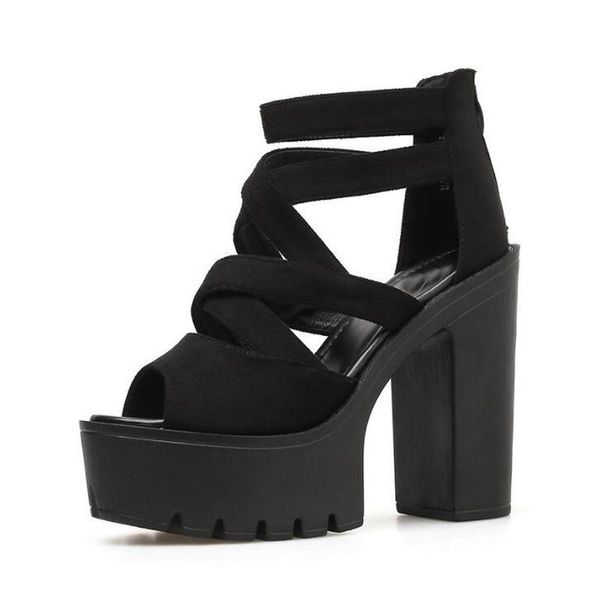 

strass sandale platform punk shoes rock gothic sandals women peep toe buckle chunky high heels female lja632-1, Black