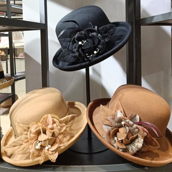 

stingy brim hats elegant women fashion beret french style painter hat cap vintage warm party wild fisherman british feather flower, Blue;gray