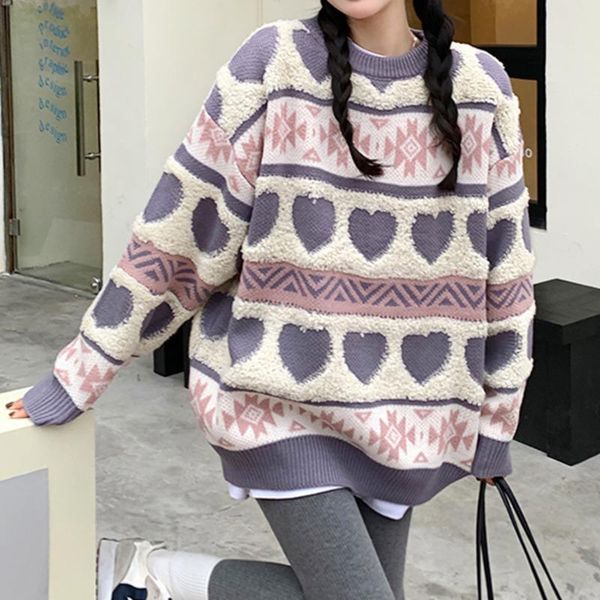 

women's sweaters love jacquard sweater loose outer wear autumn and winter 2021 sweet lazy wind pullover, White;black