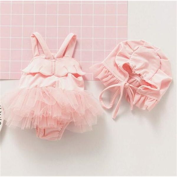 Prenses Bebek Yürüyor Açı Kanatları Mayo Bebek Kız Katı Pembe Banyo Tutu + Cap Set Bebe Swim Suit 210529