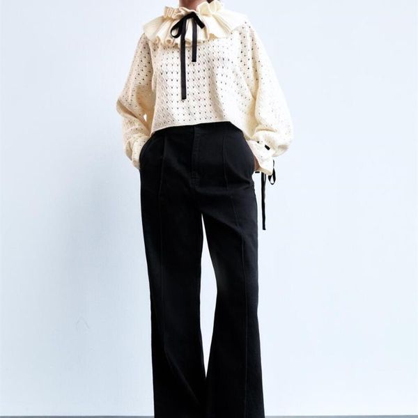 

women's sweaters traf2021 fall turtleneck lace hollow knitted sweater long sleeve bowknot stacked pullover streetwear, White;black