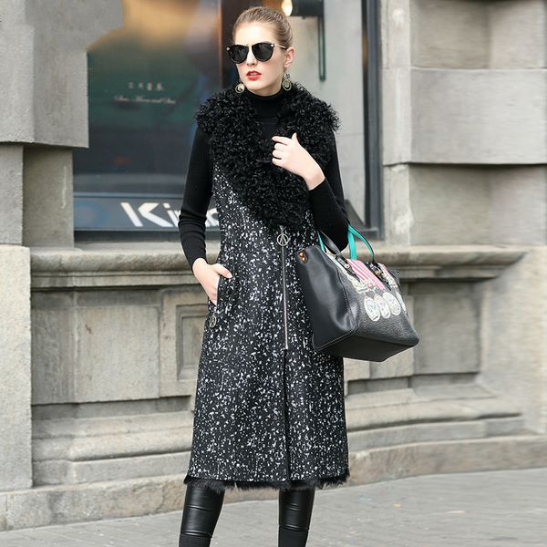 

women's real female jacket autumn winter coat women clothes long vest korean vintage double-faced fur zt4027, Black